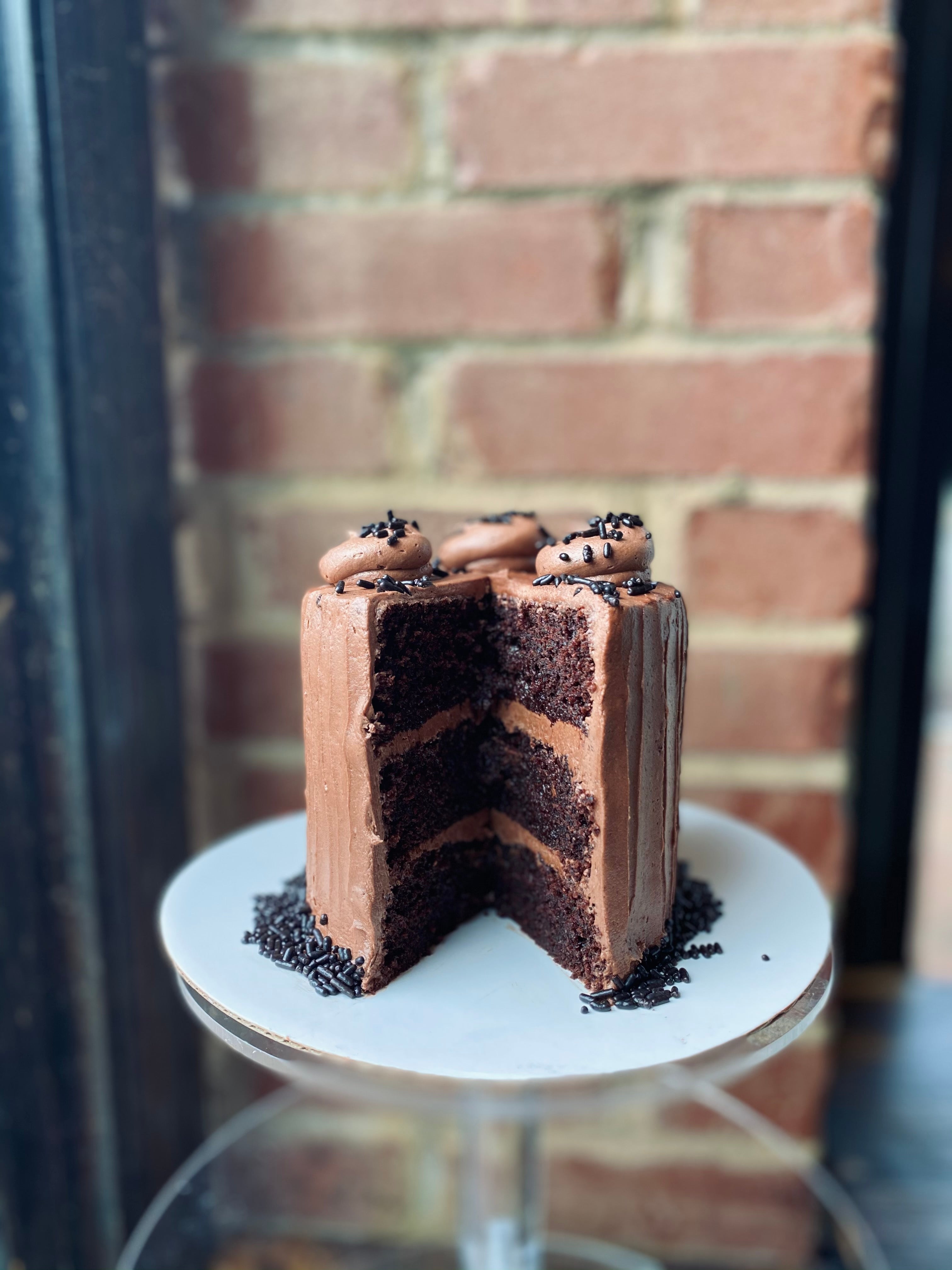 Chocolate cake with chocolate buttercream frosting.